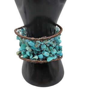 Chunky Turquoise Open Cuff Bracelet Wire Stitched Stones Handcrafted Size 7.5"